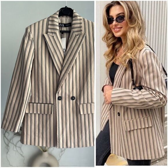 ZARA Oversized Blazer Striped Neutrals Double Breasted - Picture 1 of 7